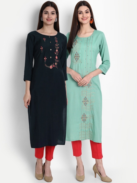 

arangya Women Navy Blue & Green Set Of 2 Floral Embroidered Thread Work Kurta