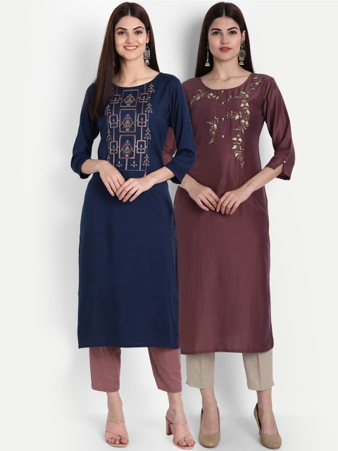 

arangya Women Pack of 2 Navy Blue & Brown Floral Embroidered Thread Work Kurtas
