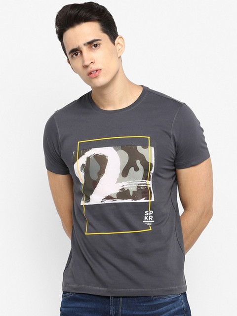 

SPYKAR Men Charcoal Grey Printed Cotton T-shirt