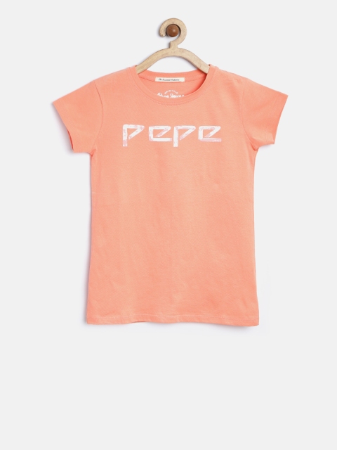 

Pepe Jeans Girls Peach-Coloured Printed Round Neck Pure Cotton T-shirt