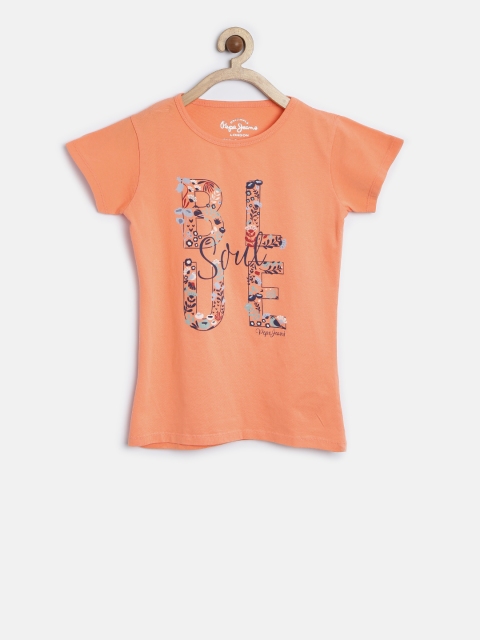 

Pepe Jeans Girls Orange Printed Round Neck Pure Cotton T-shirt