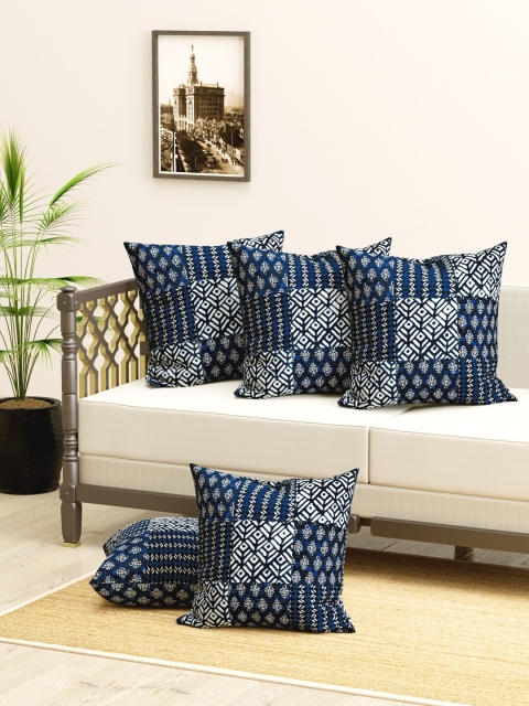 

Clasiko Navy Blue & White Set of 5 Ethnic Motifs Square Cushion Covers