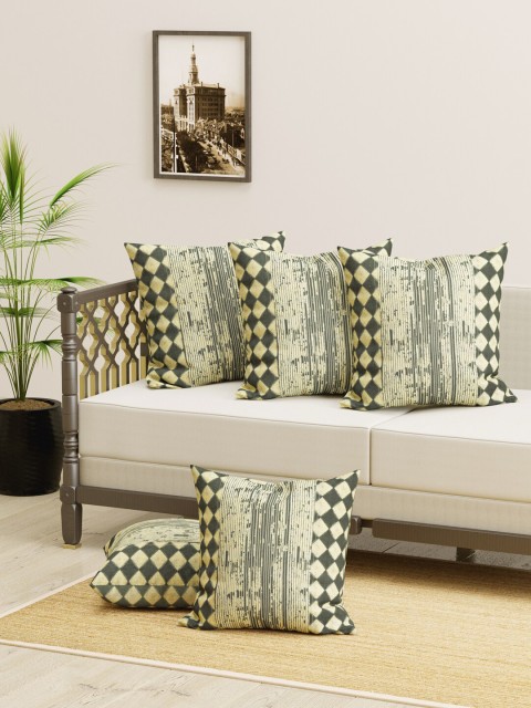 

Clasiko Grey & Olive Green Set of 5 Abstract Square Cushion Covers