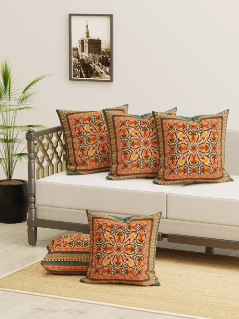 

Clasiko Green & Orange Set of 5 Ethnic Motifs Square Cushion Covers