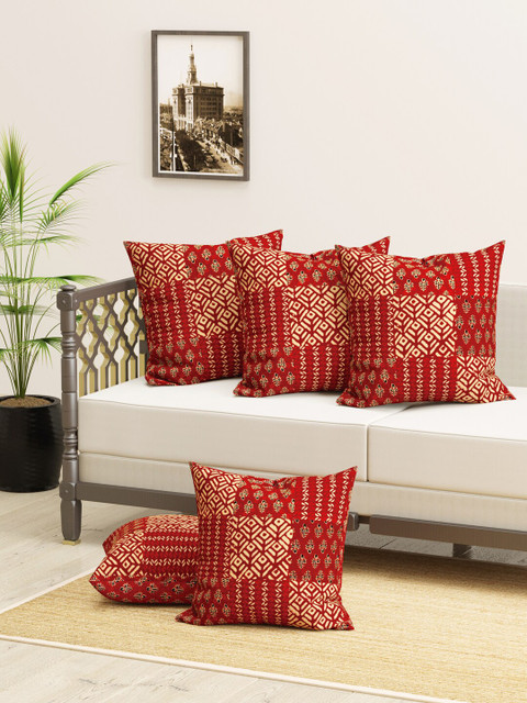 

Clasiko Grey & Red Set of 5 Ethnic Motifs Square Cushion Covers