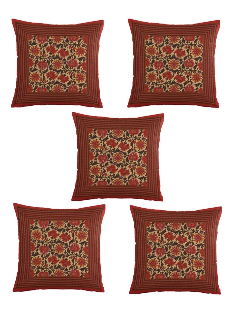 

Clasiko Red & Beige Set of 5 Ethnic Motifs Square Pure Cotton Cushion Covers