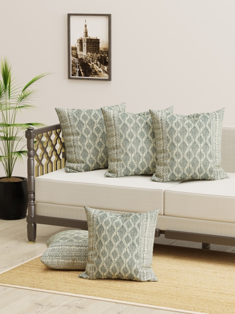 

Clasiko Grey & Beige Set of 5 Ethnic Motifs Square Pure Cotton Cushion Covers