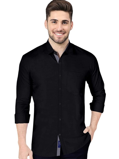 

KAJARU Men Black Solid Slim Fit Cotton Linen Casual Shirt