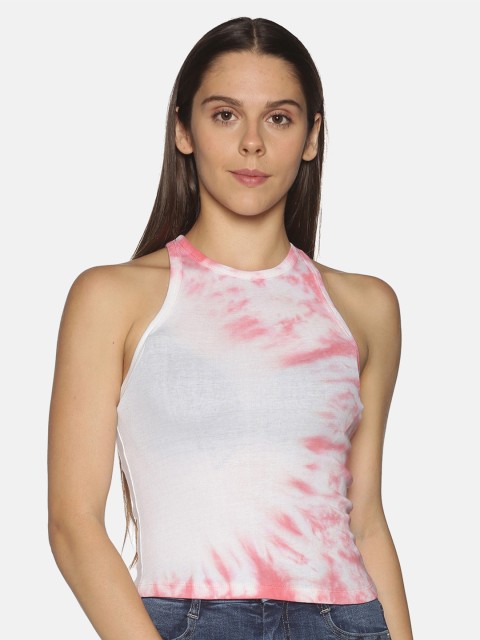 

OHA BOY Women White & Pink Tie and Dye Dyed Halter Neck Raw Edge Slim Fit T-shirt