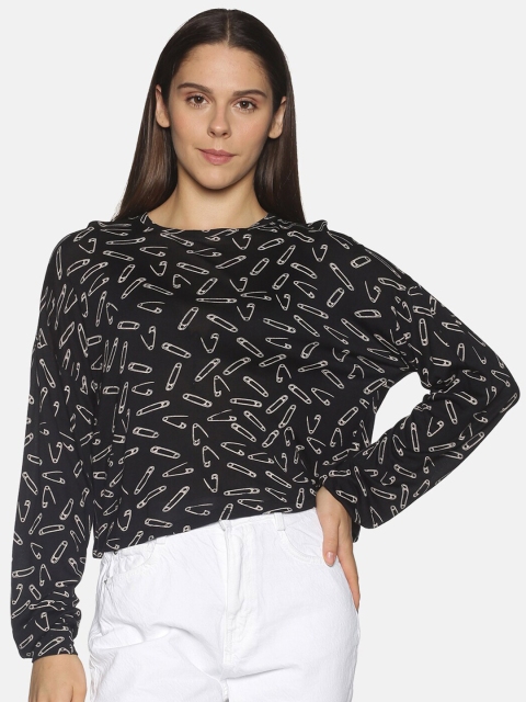 

OHA BOY Women Black Printed Drop-Shoulder Sleeves T-shirt