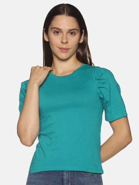 

OHA BOY Women Teal Blue Puff Sleeves Slim Fit Cotton T-shirt