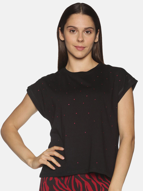 

OHA BOY Women Black Embellished Cotton T-shirt