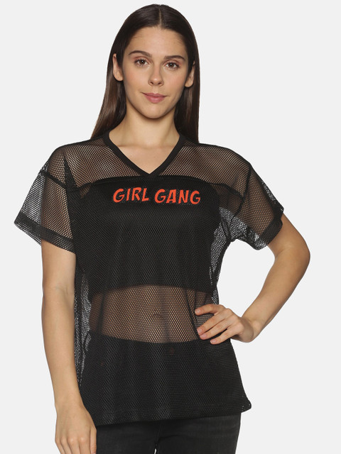 

OHA BOY Women Black Printed Drop-Shoulder Sleeves Net T-shirt