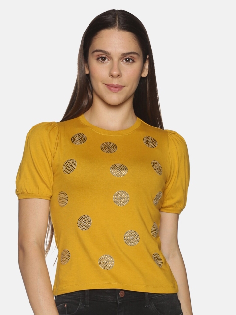 

OHA BOY Women Yellow Printed Puff Sleeves Slim Fit T-shirt