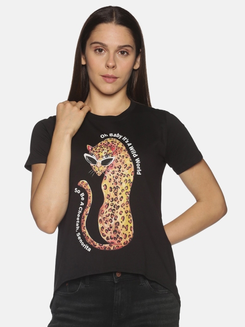 

OHA BOY Women Black Graphic Printed Slim Fit T-shirt