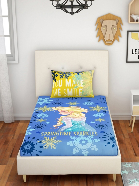 

SPACES Blue & Yellow Disney Frozen Print 180 TC Single Bedsheet with 1 Pillow Covers