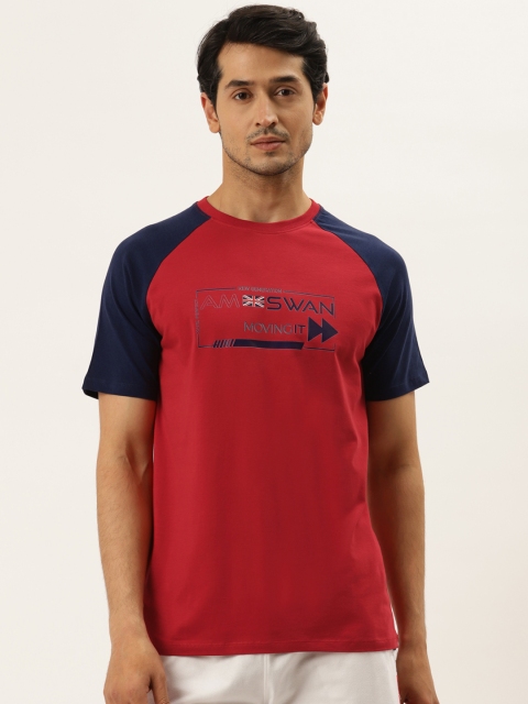 

AM SWAN Men Red & Navy Blue Typography Printed T-shirt
