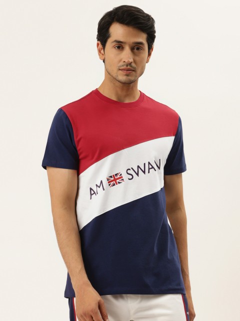 

AM SWAN Men Navy Blue & Red Colourblocked T-shirt