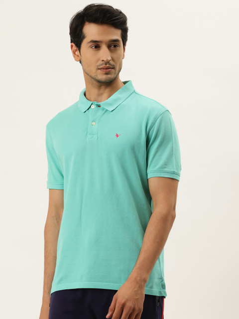 

AM SWAN Men Sea Green Polo Collar Cotton T-shirt