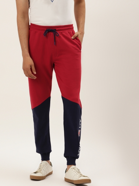 

AM SWAN Men Red & Navy Blue Colourblocked Cotton Joggers