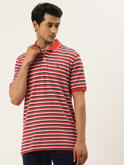 

AM SWAN Men Red & White Striped Polo Collar Cotton T-shirt