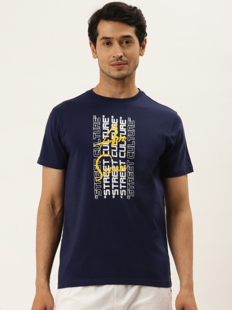 

AM SWAN Men Navy Blue Typography Printed T-shirt