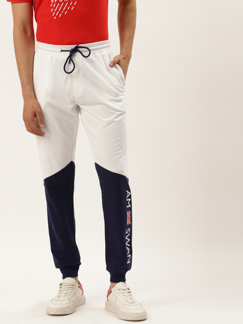 

AM SWAN Men White & Navy Blue Colourblocked Cotton Joggers
