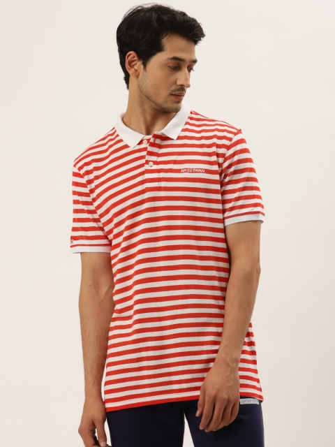 

AM SWAN Men White & Red Striped Polo Collar Pure Cotton T-shirt