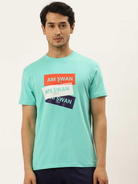

AM SWAN Men Sea Green & Orange Typography Printed Cotton T-shirt