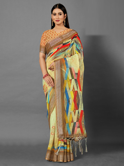 

KALINI Yellow & Red Zari Linen Blend Saree