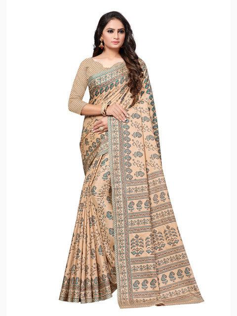 

KALINI Peach-Coloured & Green Printed Art Silk Saree