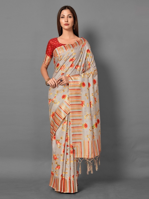 

KALINI Beige & Red Floral Art Silk Saree