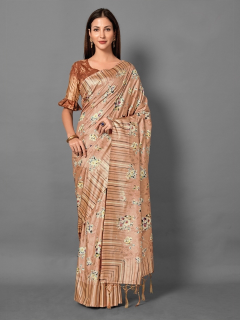 

KALINI Brown & Cream-Coloured Floral Art Silk Saree