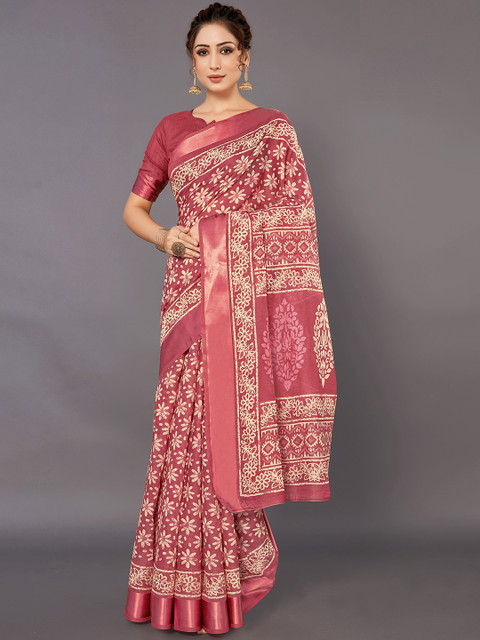 

KALINI Maroon & Beige Floral Linen Blend Saree