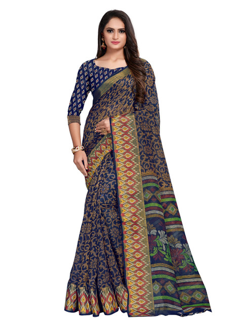

KALINI Navy Blue & Red Floral Silk Cotton Saree
