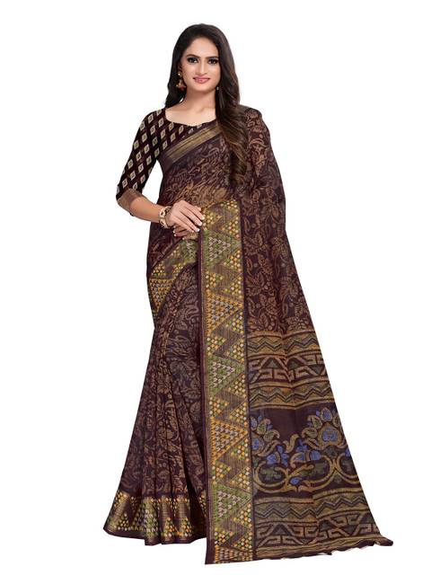 

KALINI Brown & Gold-Toned Floral Silk Cotton Saree