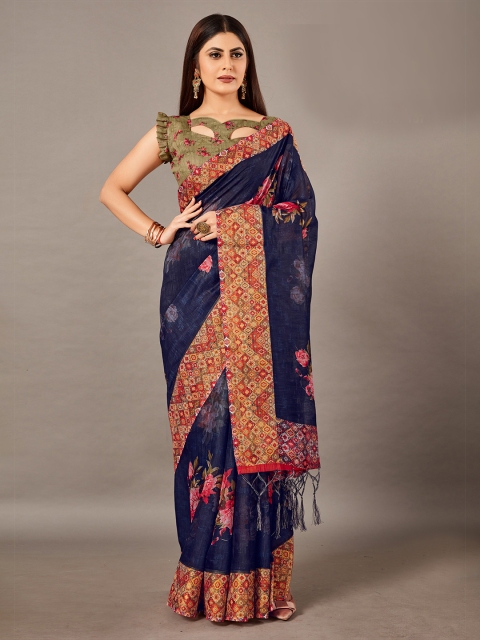 

KALINI Blue & Red Floral Linen Blend Saree