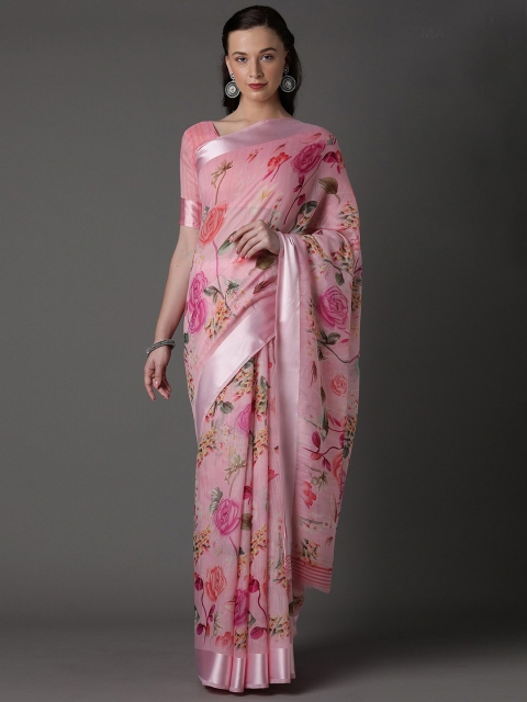 

KALINI Pink Floral Linen Blend Saree