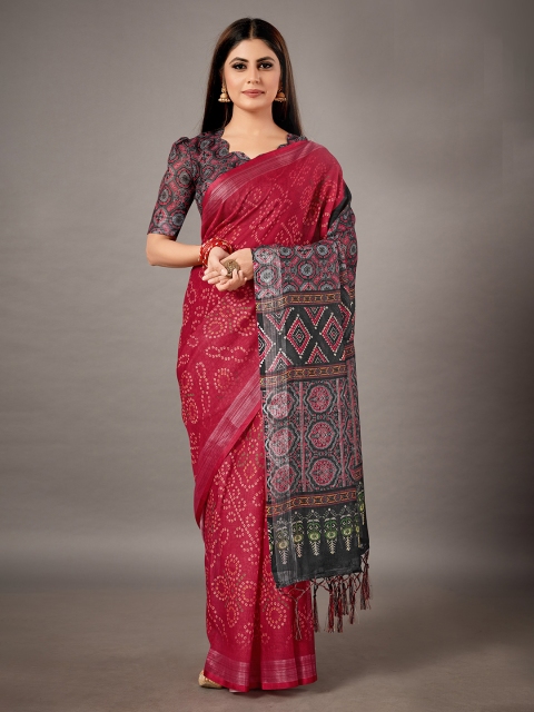 

KALINI Red & Black Bandhani Linen Blend Saree
