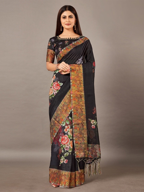 

KALINI Black & Pink Floral Linen Blend Saree