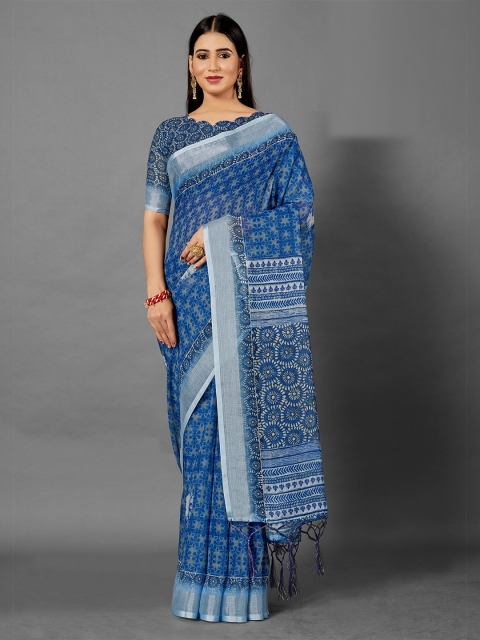 

KALINI Blue & Grey Ethnic Motifs Linen Blend Saree