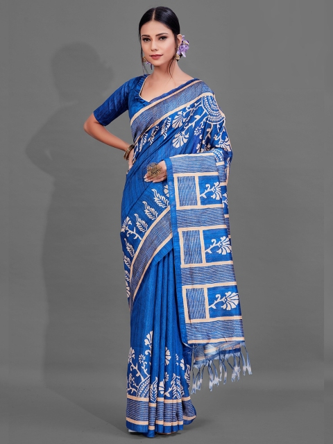 

KALINI Blue & Gold-Toned Floral Saree