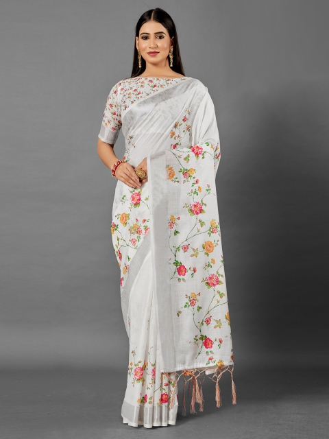 

KALINI White & Green Floral Zari Linen Blend Saree
