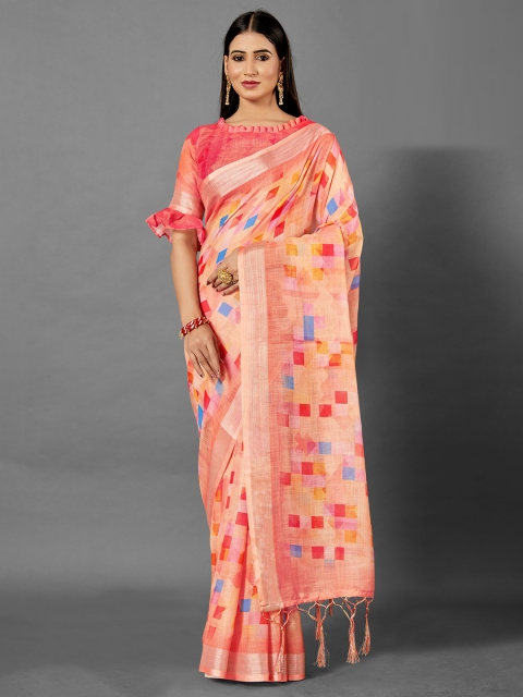 

KALINI Peach-Coloured & Blue Zari Linen Blend Saree