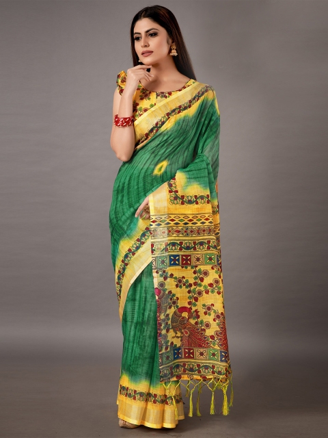 

KALINI Green & Yellow Ethnic Motifs Linen Blend Saree