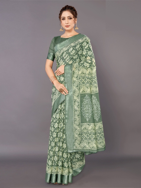 

KALINI Green & Cream-Coloured Floral Zari Linen Blend Saree