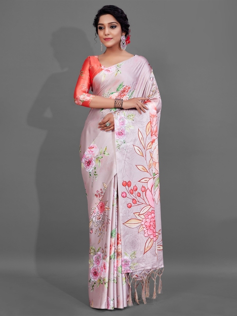 

KALINI Pink & Green Floral Pure Crepe Saree