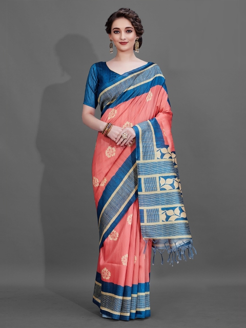

KALINI Peach-Coloured & Blue Floral Cotton Blend Saree