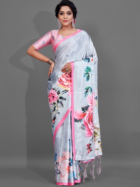 

KALINI Blue & Pink Floral Pure Crepe Saree