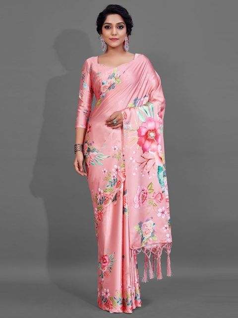 

KALINI Pink & Green Floral Pure Crepe Saree